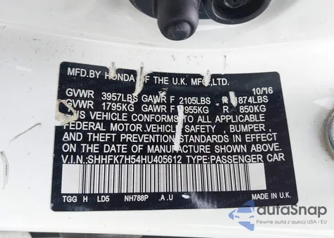 2017 Honda Civic Ex z USA, uszkodzony, nr VIN SHHFK7H54HU405612